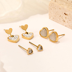 Golden Shell Heart Stud Earrings Sets, 304 Stainless Steel Jewelry with Rhinestone for Women, Golden, 4.3~12.2x4.3~8.3mm, 3 pairs/set