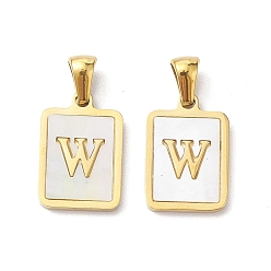 Letter W Ion Plating(IP) 304 Stainless Steel Pave Shell Pendants, Rectangle Charm, Real 18K Gold Plated, Letter W, 17.5x12x1.5mm, Hole: 3x5mm