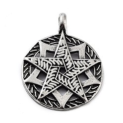 Antique Silver Tibetan Style Alloy Pendants, Flat Round with Star, Antique Silver, 42x32.5x3mm, Hole: 5mm