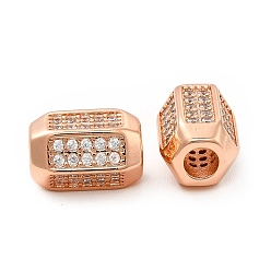 Real Rose Gold Plated Rack Plating Brass Micro Pave Cubic Zirconia European Beads, Large Hole Beads, Long-Lasting Plated, Cadmium Free & Lead Free, Hexagon, Real Rose Gold Plated, 13.5x10x8.5mm, Hole: 4mm