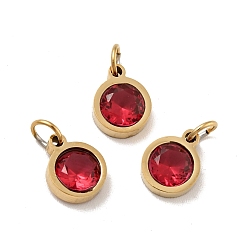 Crimson Vacuum Plating 304 Stainless Steel Pendants, with Cubic Zirconia and Jump Rings, Single Stone Charms, Flat Round, Golden, Crimson, 9.5x7.5x3mm, Hole: 3.6mm