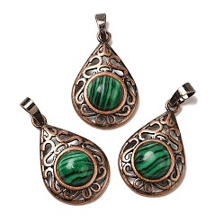 Малахит Синтетического малахита подвески, латунные подвески-капли, Красная медь, без свинца и без кадмия, 30x19.5x7.5 мм, отверстие : 5x8 мм