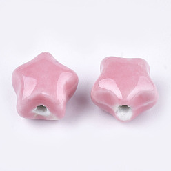 Pink Handmade Porcelain Beads, Bright Glazed Porcelain, Star, Pink, 15~16x15.5~17x12~12.5mm, Hole: 2~2.5mm
