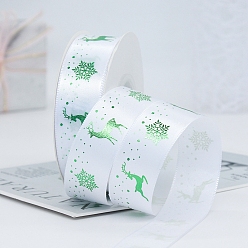 White 22M Flat Christmas Reindeer Printed Polyester Satin Ribbons, Hot Stamping Ribbons, White, 1 inch(25mm), about 24.06 Yards(22m)/Roll
