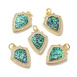 Real 18K Gold Plated Rack Plating Brass Micro Pave Cubic Zirconia with Synthetic Opal Pendants, with Jump Ring, Lead Free & Cadmium Free, Long-Lasting Plated, Shield, Real 18K Gold Plated, 20.5x15.5x3.1mm