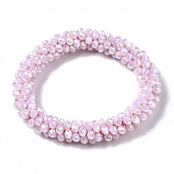 Pearl Pink Faceted Opaque Glass Beads Stretch Bracelets, Rainbow Plated, Rondelle, Pearl Pink, Inner Diameter: 2 inch(5cm)