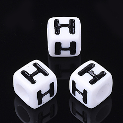 Letter H Letter Acrylic Beads, Cube, White, Letter H, Size: about 7mm wide, 7mm long, 7mm high, hole: 3.5mm, about 2000pcs/500g