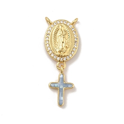 Light Steel Blue Brass Charms, with Shell, Cadmium Free & Lead Free, Long-Lasting Plated, Oval with Saint & Cross, Real 18K Gold Plated, Light Steel Blue, 30mm, Hole: 1.5mm