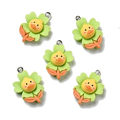 Green Yellow Opaque Resin Pendants, with Platinum Tone Iron Loops, Flower with Duck, Green Yellow, 26x18x8.5mm, Hole: 2mm
