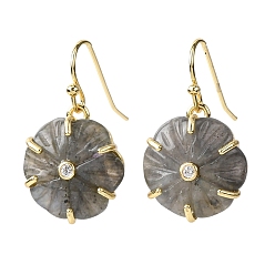 Лабрадорита Серьги-подвески из натурального лабрадорита в форме цветка, с прозрачным кубическим цирконием и латунной фурнитурой, золотые, стойки покрытие, 25x16.5 мм