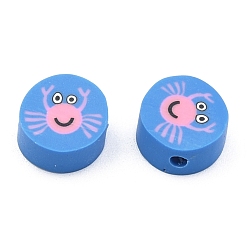 Dodger Blue Handmade Polymer Clay Beads, Flat Round with Crab Pattern, Dodger Blue, 9x4.5mm, Hole: 1.6mm