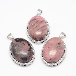 Rhodonite Natural Rhodonite Pendants, with Brass Findings, Oval, Platinum, 30x21x10~11mm, Hole: 6x4mm