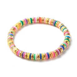 Colorful Disc Polymer Clay & Brass Beads Stretch Bracelet for Teen Girl Women, Colorful, Inner Diameter: 2-1/8 inch(5.4cm)