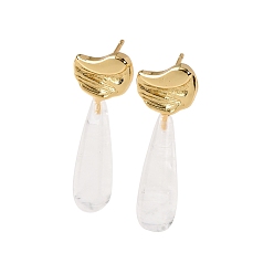 Хрусталь Серьги-гвоздики с каплевидной формой из натурального кварца, с латунной фурнитурой и 925 булавками из стерлингового серебра, золотые, 34.5x11.5 мм