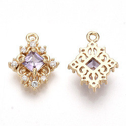 Violet Golden Tone Brass Pendants, with Faceted Glass and Clear Rhinestone, Rhombus, Violet, 14.5x11x4mm, Hole: 1.2mm, Diagonal Length: 14.5mm, Side Length: 10mm