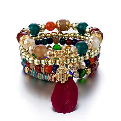 Dark Mix B0034-4 Bohemian Bracelet Set with Colorful Crystal Beads, Feather and Ethnic Style Jewelry