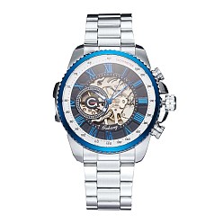 Blue & Stainless Steel Color Alloy Watch Head Mechanical Watches, with Stainless Steel Watch Band, Blue & Stainless Steel Color, 220x20mm, Watch Head: 51x52x14.5mm, Watch Face: 39mm