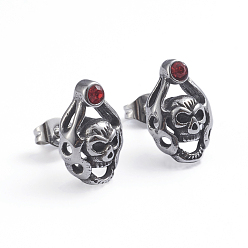 Antique Silver Retro 304 Stainless Steel Stud Earrings, with Cubic Zirconia and Ear Nuts, Skull, Red, Antique Silver, 14.5x9.8mm, Pin: 0.6mm