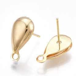 Real 18K Gold Plated Brass Stud Earring Findings, with Loop, Teardrop, Nickel Free, Real 18K Gold Plated, 17x8.5mm, Hole: 1.8mm, Pin: 0.8mm