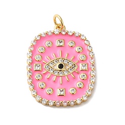 Hot Pink Rack Plating Brass Pave Cubic Zirconia Enamel Pendants, with Jump Ring, Lead Free & Cadmium Free, Real 18K Gold Plated, Long-Lasting Plated, Rectangle with Eye Pattern Charm, Hot Pink, 26x20x2.5mm, Hole: 3.4mm
