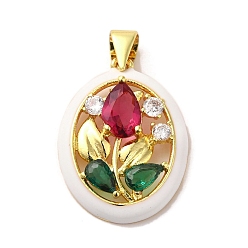 Белый Дым Покрытие стойки латунь микро паве подвески с цветной эмалью кубического циркония, долговечный, без кадмия и без свинца, реальный 18 k позолоченный, овал с подвесками в виде цветов, серый, 21.5x16x4 мм, отверстие : 4.5x3 мм