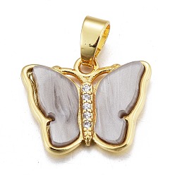 Светло-серый Подвески из смолы, с золотистым латунным микропаве, фурнитура из фианита, бабочка, светло-серый, 14x17.5x3 мм, отверстие : 3.5x5.5 мм