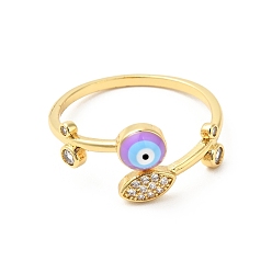 Medium Orchid Clear Cubic Zirconia Leaf & Enamel Evil Eye Open Cuff Ring, Real 18K Gold Plated Brass Jewelry for Women, Cadmium Free & Nickel Free & Lead Free, Medium Orchid, US Size 7 3/4(17.9mm)
