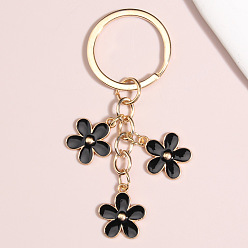 Black Cute Flower Keychains, Alloy Enamel Pendant Keychains, with Iron Findings, Black, 8.5x3cm