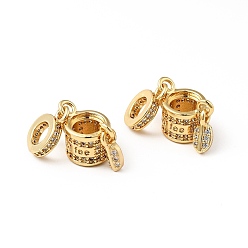 Real 18K Gold Plated Rack Plating Brass Micro Pave Clear Cubic Zirconia European Dangle Charms, Large Hole Pendants, Cadmium Free & Lead Free, Coffee Cup with Leaf, Real 18K Gold Plated, 27mm, Cup: 9.5x14.5x8.5mm, Leaf: 8x3.5x2mm, Hole: 4.6mm