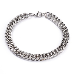 Stainless Steel Color 304 Stainless Steel Cuban Link Chain Bracelets, with Lobster Claw Clasps, Faceted, Stainless Steel Color, 8-5/8 inch(225mm), 9mm