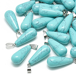 Synthetic Turquoise Dyed Synthetic Turquoise Pendants, with Stainless Steel Snap On Bails, teardrop, 28~30x10~12mm, Hole: 6x4mm