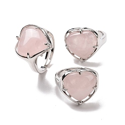 Розовый Кварц Регулируемое кольцо в форме сердца из натурального розового кварца, украшения из латуни для женщин, без свинца и без кадмия, платина, внутренний диаметр: 16.5~21 мм