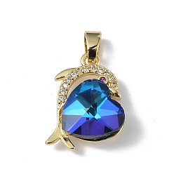 Blue Real 18K Gold Plated Rack Plating Brass Micro Pave Clear Cubic Zirconia Pendants, with Glass, Long-Lasting Plated, Cadmium Free & Lead Free, Dolphin with Heart Charm, Blue, 20.5x17x8mm, Hole: 5.5x3.5mm
