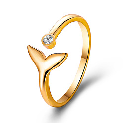 Golden Brass Rhinestone Open Cuff Rings, Mermaid Tail, Golden, Inner Diameter: 20mm