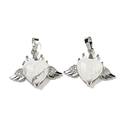 Говлит Натуральный говлит с подвесками из прозрачного кубического циркония, Подвески в форме сердца и крыльев с фурнитурой из латуни с металлическим покрытием, платина, без кадмия и без свинца, 25x31.5x8.5~9 мм, отверстие : 7.9x5 мм