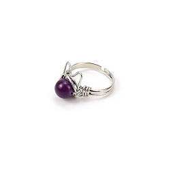 Amethyst Natural Amethyst Adjustable Ring, Cat Shape Platinum Brass Wire Wraped Ring, Wide: 8mm