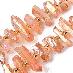 Персиковый Слойка Гальванические природный кристалл кварца бусы пряди, граненые, палочка для наггетсов, с бисером, розовые, 11~25x3~9x4~10 мм, отверстие : 1~1.2 мм, около 19~26 шт / нитка, 7.09~7.48'' (18~19 см)