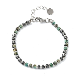 Африканский Бирюза(яшма) Браслеты из натуральной африканской бирюзы (яшмы) и немагнитного синтетического гематита для женщин, колонка, с 201 нержавеющей сталью и 304 фурнитурой из нержавеющей стали, бусина : 3 мм и 4.5x2 мм, 7-1/2 дюйм (19.1 см)