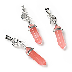 Cherry Quartz Glass Cherry Quartz Glass Double Terminated Pointed Big Pendants, with Platinum Tone Brass Findings, Cadmium Free & Lead Free, Moon with Fairy & Bullet, Faceted, 62~66mm