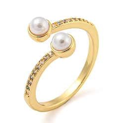 Real 18K Gold Plated Brass Micro Pave Cubic Zirconia Open Finger Ring, with Plastic Imitation Pearl, Cadmium Free & Lead Free, Long-Lasting Plated, Real 18K Gold Plated, US Size 7 3/4(17.9mm)