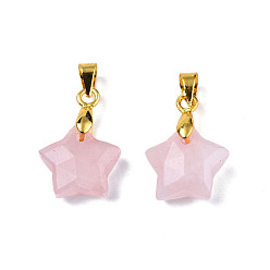 Rose Quartz Natural Rose Quartz Charms, with Golden Plated Brass Findings, Faceted Star, Star: 12x12.5x5.5mm, Hole: 3.5x4mm