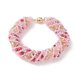 Pink TOHO Japanese Seed & Lampwork Beaded Bracelet with Brass Magnetic Clasps, Crochet Nepal Rope Bracelet for Women, Pink, 6-1/4~7-3/4 inch(16~19.8cm)
