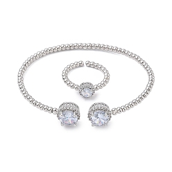 Прозрачный Круглые латунные браслеты-манжеты и кольца с микропаве из кубического циркония для женщин, стойки покрытие, платина, прозрачные, браслет: 3~10.5ширина мм, внутренний диаметр: 50x57 мм