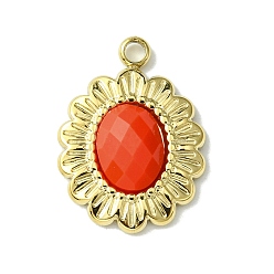 Orange Red Ion Plating(IP) Real 14K Gold Plated 304 Stainless Steel with Glass Pendant, Oval Flower Charms, Orange Red, 18x13x3.5mm, Hole: 1.6mm