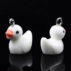 White Flocky Resin Pendants, with Platinum Plated Iron Loops, Duck, White, 20x18x20mm, Hole: 2.5mm