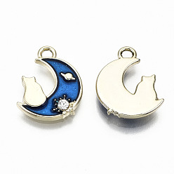 Blue Alloy Enamel Pendants, with Rhinestone with Glitter Powder, Cadmium Free & Lead Free, Moon with Cat, Light Gold, Blue, 15x11.5x2.5mm, Hole: 1.6mm
