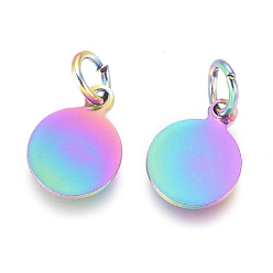 Rainbow Color Ion Plating(IP) 304 Stainless Steel Charms, with Jump Rings, Blank Stamping Tag, Flat Round, Rainbow Color, 10.5x8x0.8mm, Hole: 3.5mm