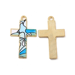 Others Rack Plating Golden Tone Alloy Mosaic Style Pendants, with Enamel, Cadmium Free & Nickel Free & Lead Free, Cross Charm, Wave Pattern, 29x17x1.5mm, Hole: 1.8mm