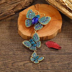 Sapphire Creative Long Alloy Triple Butterfly Brooch, Rhinestone Retro Insect Brooch, for Ceremony Banquet Suit Accessory, Sapphire, 110x52mm