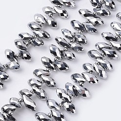 Silver Plated Electroplate Glass Beads Strands, Top Drilled Beads, Faceted, Teardrop, Silver Plated, 13x6mm